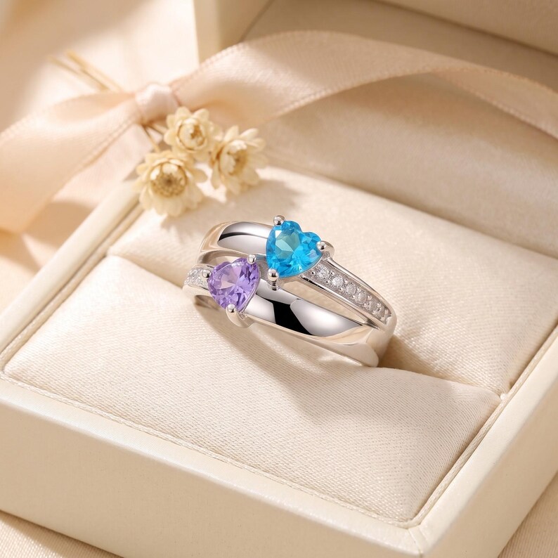 Promise Ring for Her with 2 Names and 2 Birthstones, Sterling Silver Double Band Ring with Pave Accents, Personalized Gift for Daughter image 6