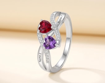 Promise Ring for Her with 2 Birthstones & 2 Names, Personalized Couples Ring, Custom Engraved Phrase Inside, Anniversary Gift Girlfriend