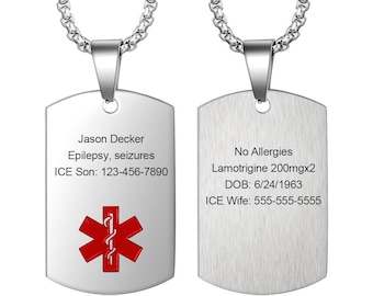 Personalized Medical Necklace, Emergency Alert ID, Custom Engraved Medical ID Tag, Medical Necklace Gift for Men Women, Medical ICE Tag, D4