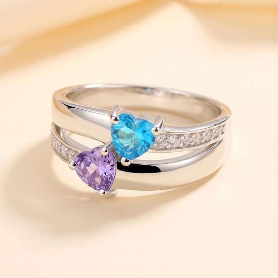 Promise Ring for Her with 2 Names and 2 Birthstones, Sterling Silver Double Band Ring with Pave Accents, Personalized Gift for Daughter