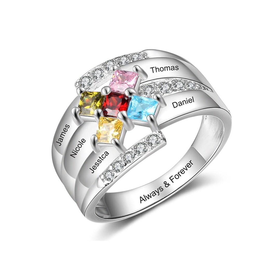 Personalized Five Stone Ring With Name and Phrase Engravings | Square ...