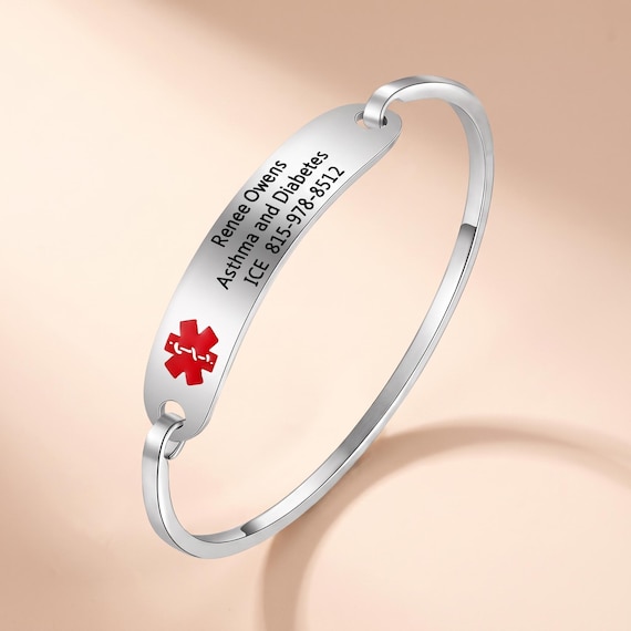 Personalized Medical Bracelet | Custom Engraved Medical Alert Bracelet | Allergy Diabetic Bracelet | Medical ID Jewelry | Bangle Bracelet D2