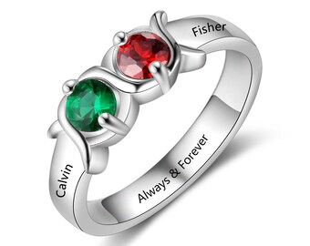 Dual Birthstone Ring with 2 Names and 1 Engraved Phrase | Sterling Silver | Personalized Ring | Custom Engraved Jewelry | P46