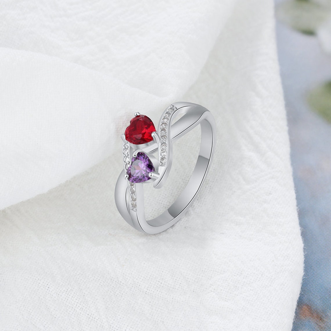Personalized Promise Ring For Her with 2 Names 2 Birthstones Etsy