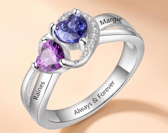 Personalized Accented Promise Ring with 2 Names, 2 Birthstones, and 1 Phrase | Couples Ring | Custom Engraved | P57
