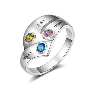 Mothers Birthstone Ring Personalized with 3 Names and 3 Birthstones | Grandmothers Ring | Ring for Mom | Sterling Silver Ring | P40