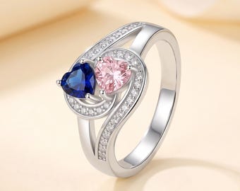 Mothers Ring with 2 Kids Names and 2 Heart Birthstones, Sterling Silver Swirl Ring, Personalized Birthstone Gift for Mom of Two