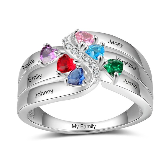 Custom Mothers Ring With Personalized 6 Names 6 Stones and 1 Phrase Mothers Day Ring Gift for Mom Heart Stones P73 Etsy