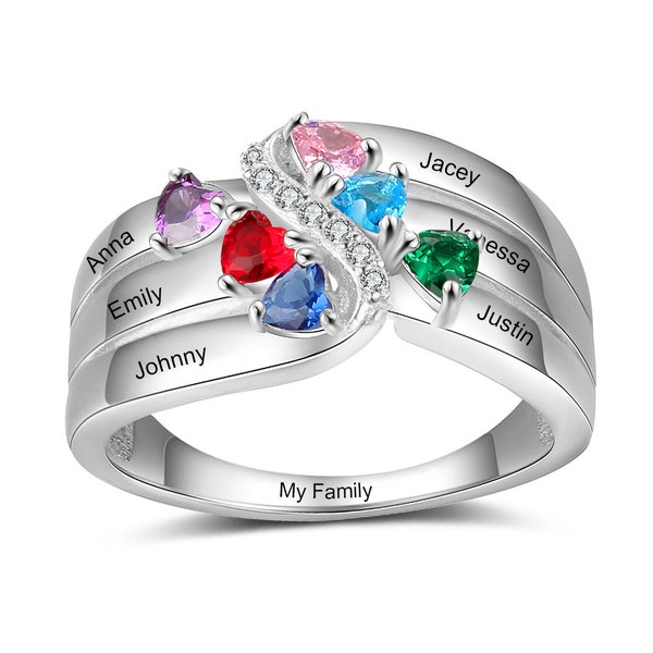 Custom Mothers Ring with Personalized 6 Names, 6 Stones, and 1 Phrase | Mothers Day Ring | Gift For Mom | Heart Stones | P73