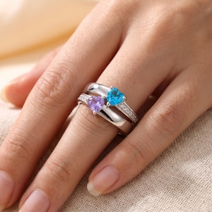 Promise Ring for Her with 2 Names and 2 Birthstones, Sterling Silver Double Band Ring with Pave Accents, Personalized Gift for Daughter image 2
