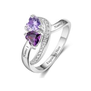 Birthstone Ring For Her Personalized with 2 Names, 2 Birthstones, and 1 Phrase | Dual Gemstone Ring | Custom Engraved Jewelry | P20