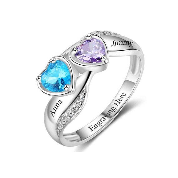 Two Birthstone Ring for Her Personalized With 2 Names and 1 Phrase