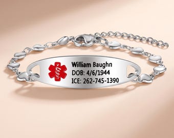 Personalized Medical Bracelet, Medical Alert Bracelet, Medical ID Jewelry, Custom Bracelet For Allergy, Diabetes, and Epilepsy Patient, D1