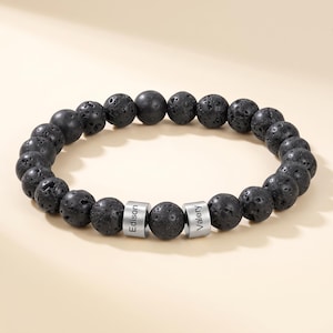 Mens Beaded Bracelet with Engraved Name Beads, Personalized Black Lava Stone Bracelet, Gift for Dad Him Grandpa, Custom Word Beads