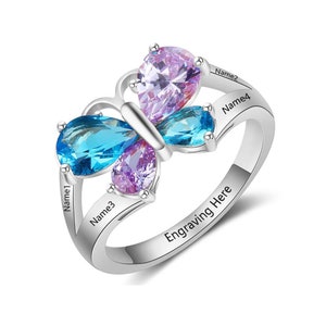 Mothers Ring with 4 Names, 4 Birthstones, and 1 Phrase | Family Ring | Grandma Jewelry | Sterling Silver Engraved Ring | P18