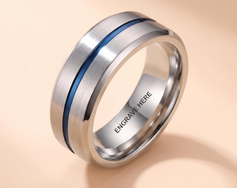 Custom Engraved Ring for Men with Blue Inlay Design | Mens Wedding Ring and Band | Mens Promise Ring | Stainless Steel Jewelry | M5