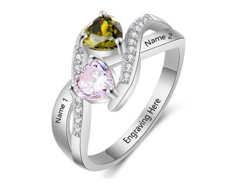 Personalized Birthstone Ring | Promise Ring For Her with 2 Names, 2 Birthstones, and 1 Phrase | Anniversary Gift for Girlfriend | P1