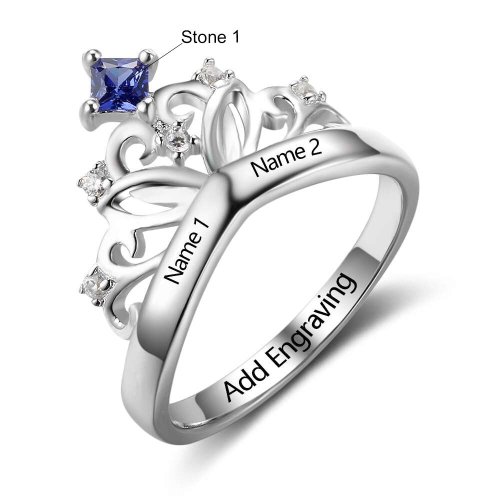 Crown Ring Personalized With 2 Names 1 Birthstone and 1 - Etsy