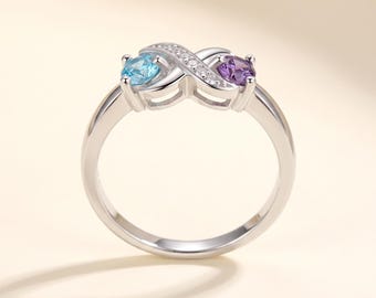 Infinity Ring with 2 Birthstones and 2 Names, Personalized Infinity Knot Promise Ring, Engraved Couples Ring, Gift for Her Anniversary