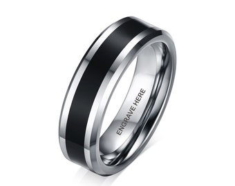 Personalized Black Inlay Tungsten Ring with Custom Engraved Phrase | Mens Wedding Band | Engraved Mens Ring | Promise Ring for Him | M10