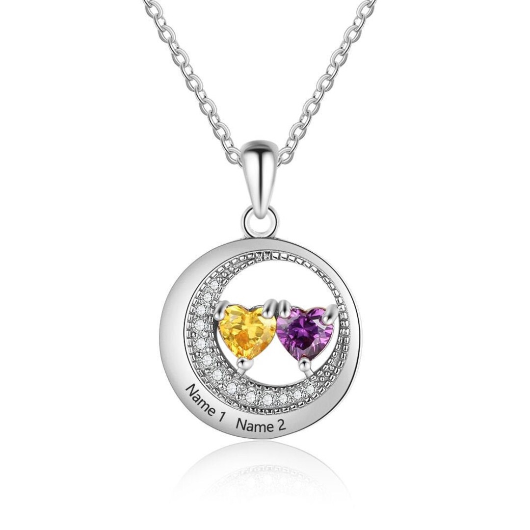 925 Sterling Sterling Silver Engraved Couples Birthstone Necklace
