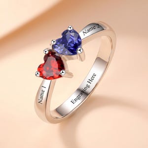 Two Heart Birthstone Ring Personalized with 2 Names and 1 Phrase | Promise Ring For Her | Double Birthstones | Custom Engraved Jewelry | P16 image 3