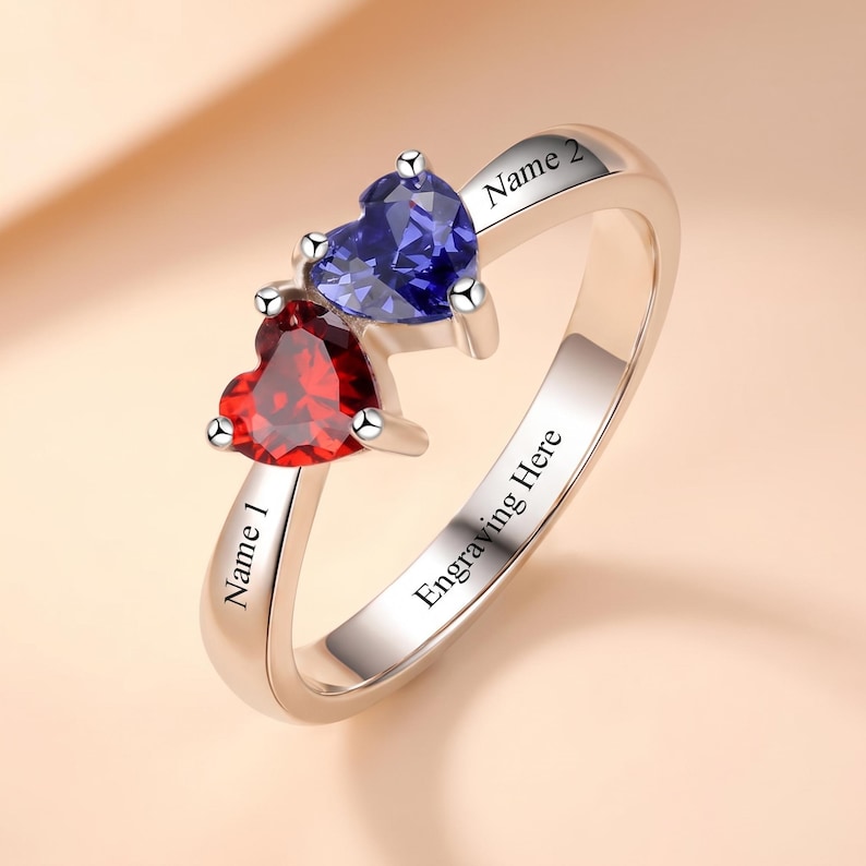 Two Heart Birthstone Ring Personalized with 2 Names and 1 Phrase | Promise Ring For Her | Double Birthstones | Custom Engraved Jewelry | P16 image 3