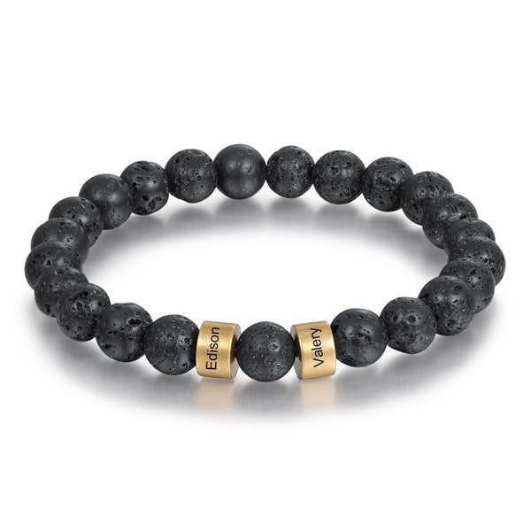 Personalized Beaded Bracelet | Custom Engraved Charms | Black Lava Beads | Natural Lava Rock Gemstone | Jasper Healing Yoga Bracelet | S6