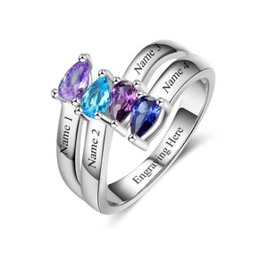 Family Ring with 4 Names, 4 Birthstones, and 1 Phrase | Mom Ring | New Grandma Gift | Gift for Mom | Sterling Silver Engraved Jewelry | P23