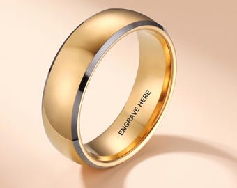 Mens Gold Wedding Band Personalized with Engraved Phrase | Personalized Mens Ring | Promise Ring For Him | Gold Tungsten Ring | M7