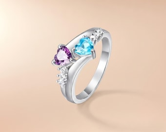 Two Hearts Birthstone Ring with 2 Names and Engraved Phrase, Sterling Silver Personalized Ring, Custom Anniversary Gift for Wife