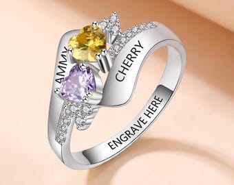 Personalized Couples Ring with 2 Names, 2 Birthstones, and 1 Phrase | Promise Ring | Birthstone Ring | Custom Engraved Jewelry | P38