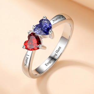 Two Heart Birthstone Ring Personalized with 2 Names and 1 Phrase | Promise Ring For Her | Double Birthstones | Custom Engraved Jewelry | P16 image 1