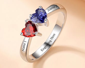 Two Heart Birthstone Ring Personalized with 2 Names and 1 Phrase | Promise Ring For Her | Double Birthstones | Custom Engraved Jewelry | P16