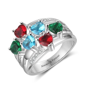 Personalized Family Birthstone Ring with 6 Names, 6 Birthstones, and 1 Phrase | Sterling Silver Custom Engraved Jewelry | P54
