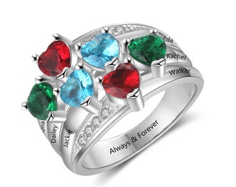 Personalized Family Birthstone Ring with 6 Names, 6 Birthstones, and 1 Phrase | Sterling Silver Custom Engraved Jewelry | P54