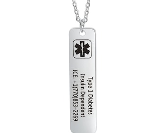 Medical ID Necklace, Medical Alert ID, Personalized Medical Tag, Custom Engraved Medical Necklace Gift for Men Women, Medical ICE Tag, D5