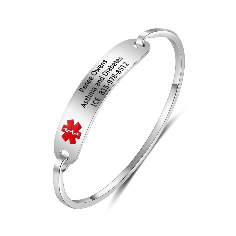 May include: Silver medical alert bracelet with a red medical symbol and engraved text: "Renee Owens Asthma and Diabetes ICE 815-978-8512"