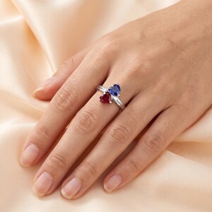 Two Heart Birthstone Ring Personalized with 2 Names and 1 Phrase | Promise Ring For Her | Double Birthstones | Custom Engraved Jewelry | P16 image 2