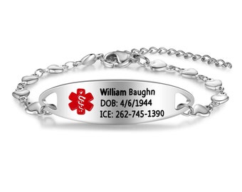 Personalized Medical Bracelet, Medical Alert Bracelet, Medical ID Jewelry, Custom Bracelet For Allergy, Diabetes, and Epilepsy Patient, D1