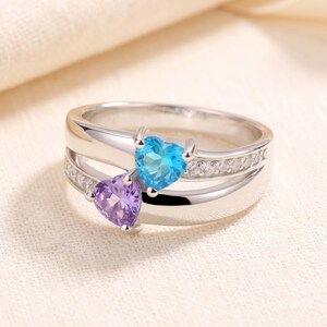 Promise Ring for Her with 2 Names and 2 Birthstones, Sterling Silver Double Band Ring with Pave Accents, Personalized Gift for Daughter image 4