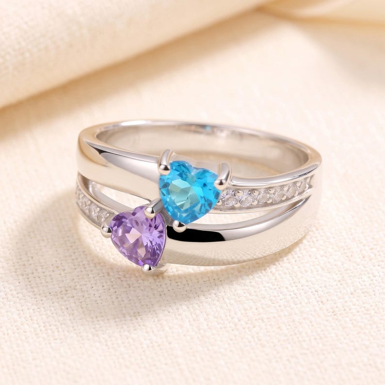 Promise Ring for Her with 2 Names and 2 Birthstones, Sterling Silver Double Band Ring with Pave Accents, Personalized Gift for Daughter image 4