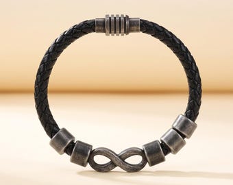 Mens Infinity Bracelet Personalized with 4 Names, Antiqued Gunmetal and Black Braided Leather, Custom Family Gift for Dad or Grandpa