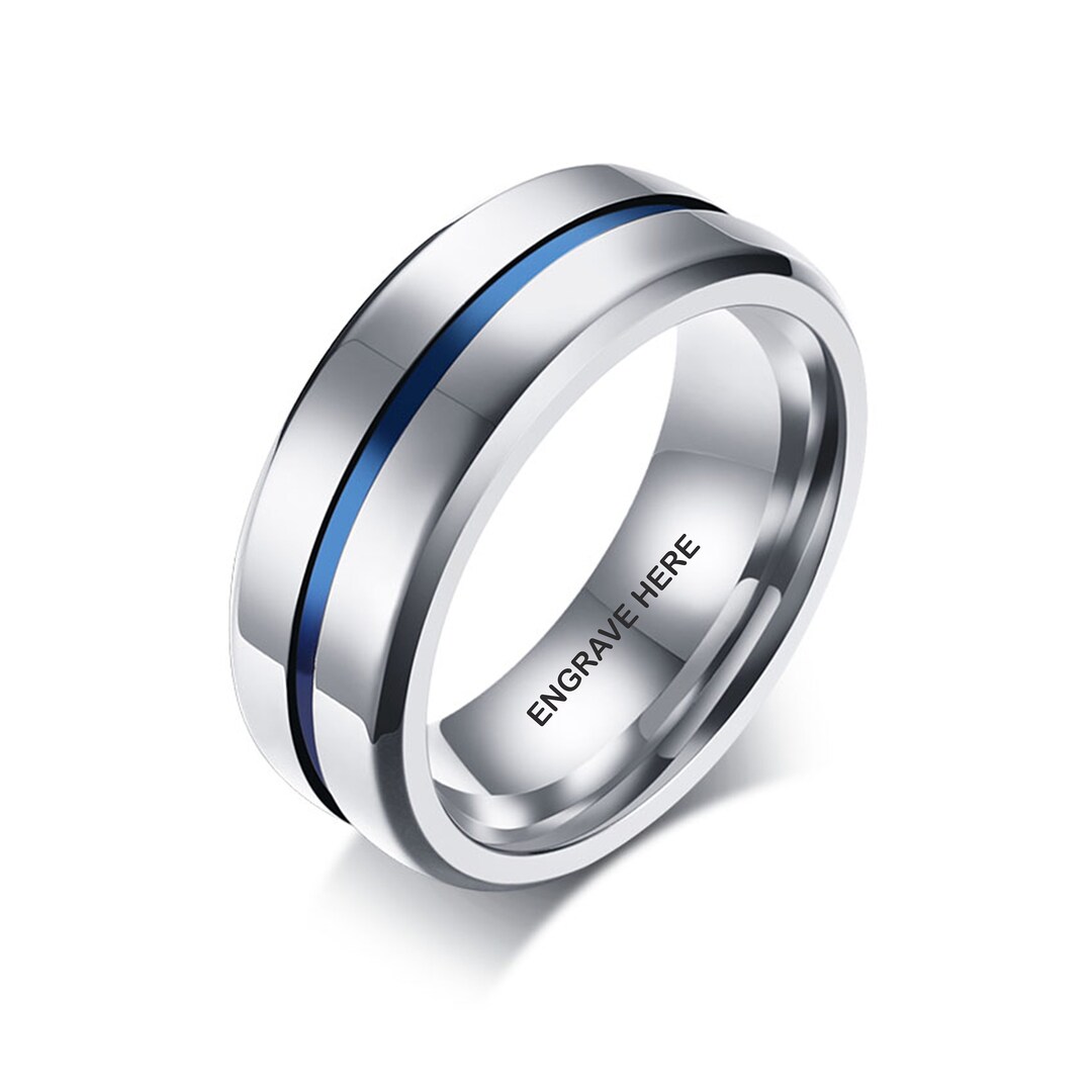Custom Engraved Ring for Men With Blue Inlay Design Mens Wedding Ring ...