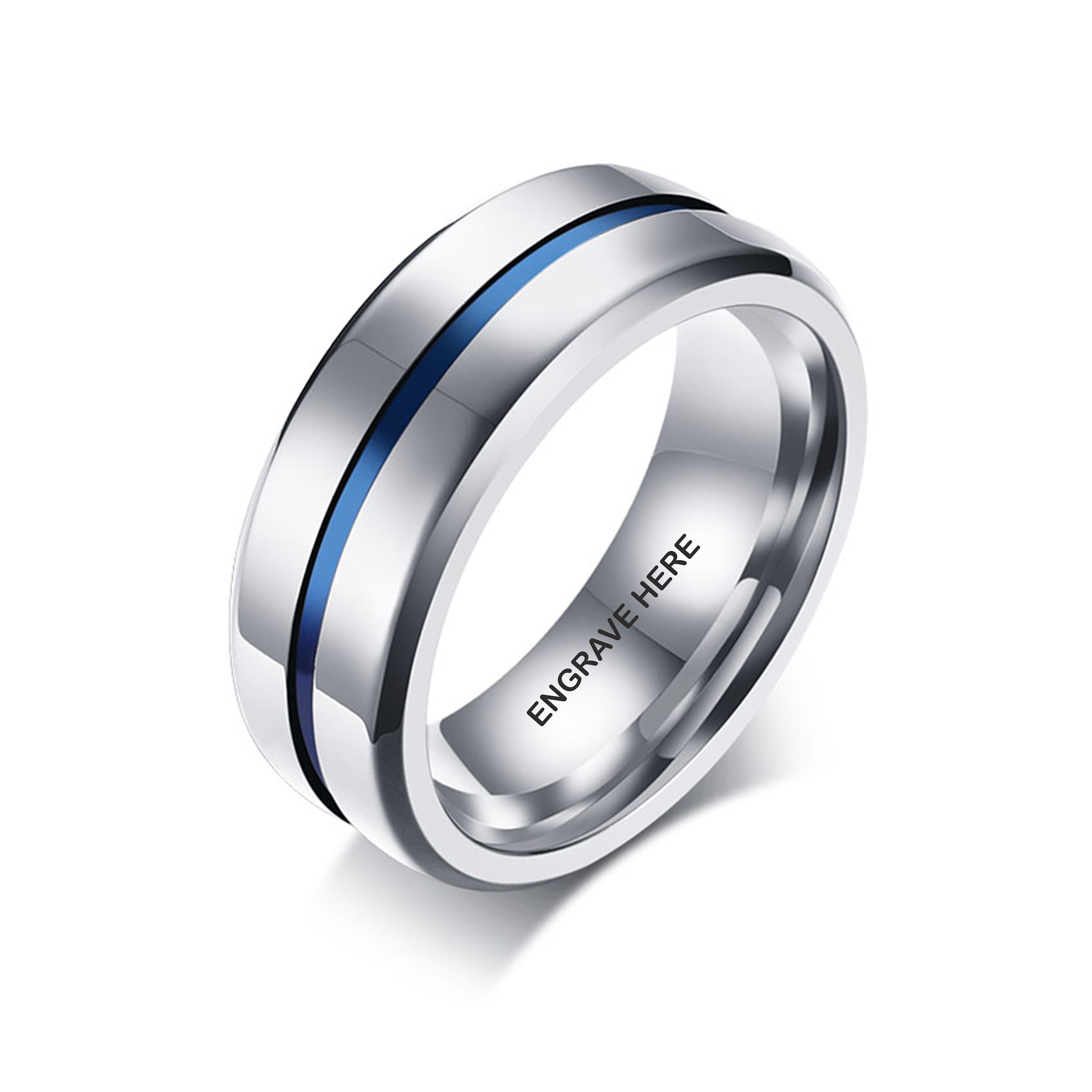 Custom Engraved Ring for Men With Blue Inlay Design | Mens Wedding Ring ...