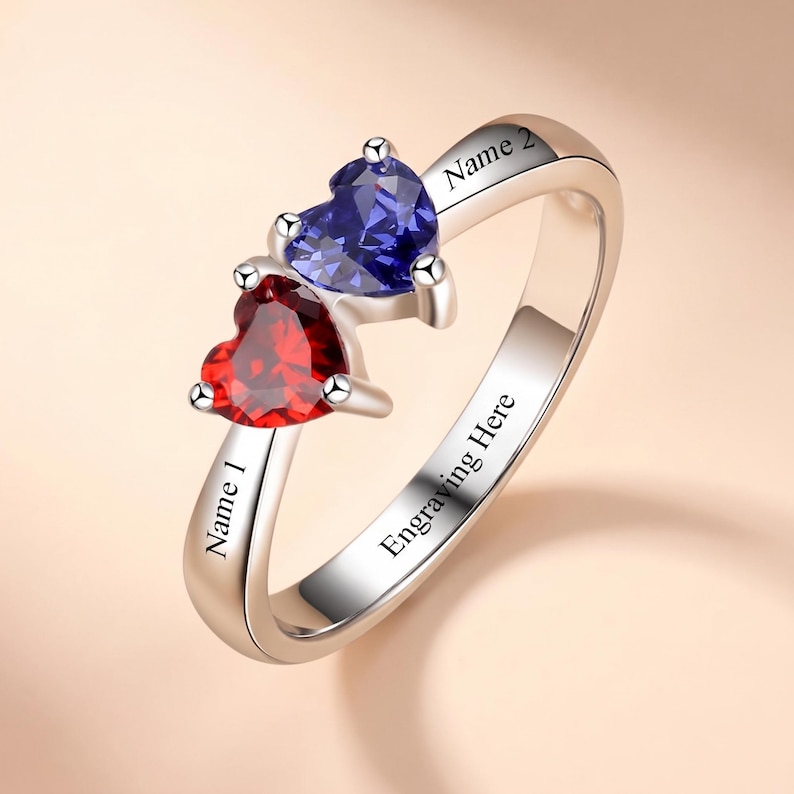 Two Heart Birthstone Ring Personalized with 2 Names and 1 Phrase | Promise Ring For Her | Double Birthstones | Custom Engraved Jewelry | P16 image 5