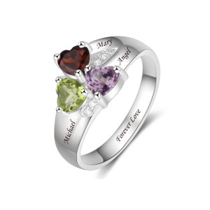 Birthstone Mothers Ring Customized with 3 Names, 3 Birthstones, and 1 Phrase | Grandmothers Ring | Sterling Silver Engraved Ring | P31