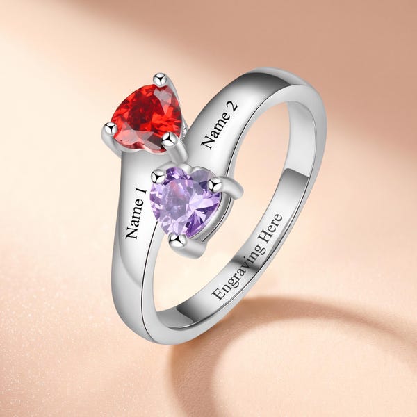 Dual Heart Birthstone Ring Customized with 2 Names, 2 Birthstones, and 1 Phrase | Double Birthstone Ring| Sterling Silver | P27