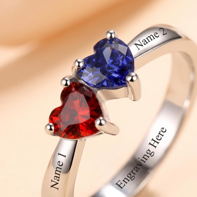 Two Heart Birthstone Ring Personalized with 2 Names and 1 Phrase | Promise Ring For Her | Double Birthstones | Custom Engraved Jewelry | P16 image 6