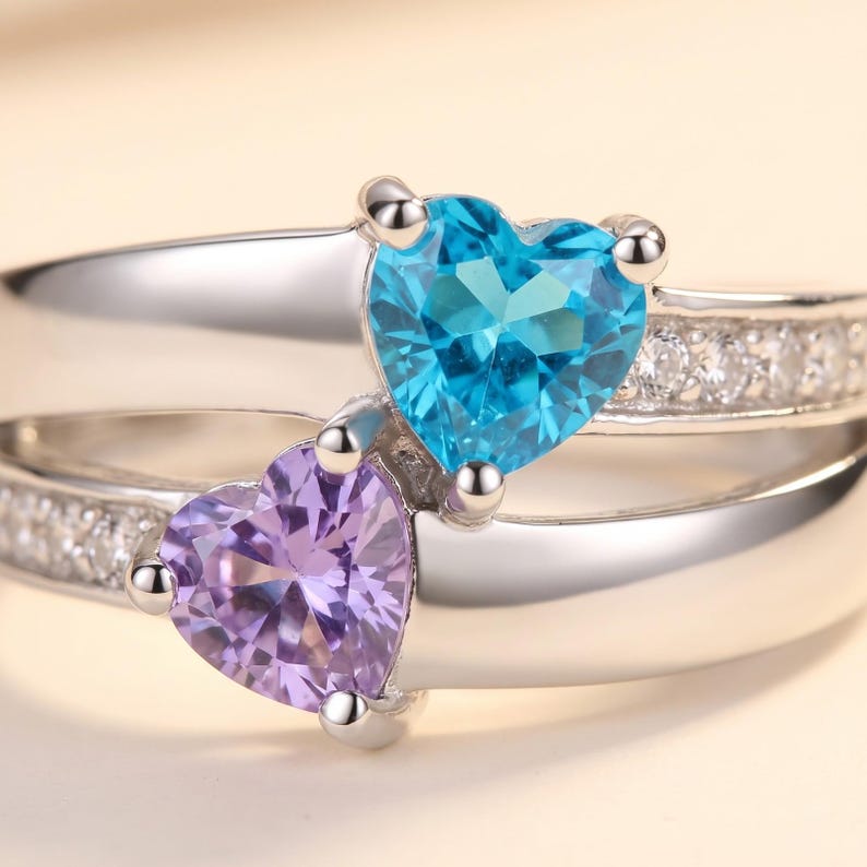 Promise Ring for Her with 2 Names and 2 Birthstones, Sterling Silver Double Band Ring with Pave Accents, Personalized Gift for Daughter image 3